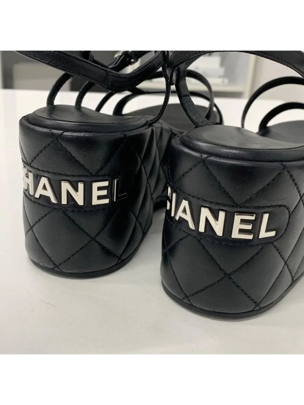 Chanel Quilted CC Logo Leather Strap Platform Sandals Black